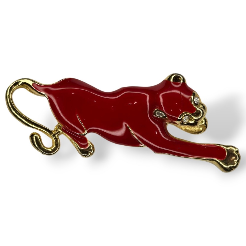 Vintage Red Panther Rhinestone Eyes Gold‎ Tone Brooch Pin
